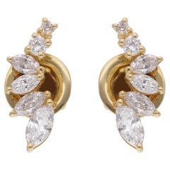 Round & Marquise Diamond Stud Earrings 18 Karat Yellow Gold Handmade Jewelry