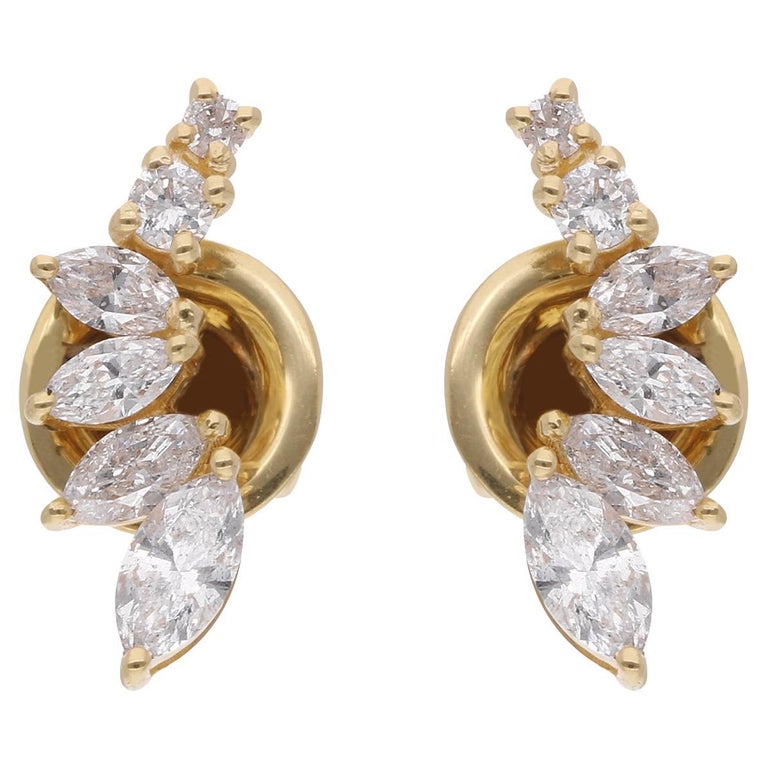 Round and Marquise Diamond Stud Earrings 18 Karat Yellow Gold Handmade Jewelry For Sale at 1stDibs