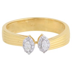 Bague de mariage en or jaune 18 carats avec diamants ronds de taille marquise, faite à la main