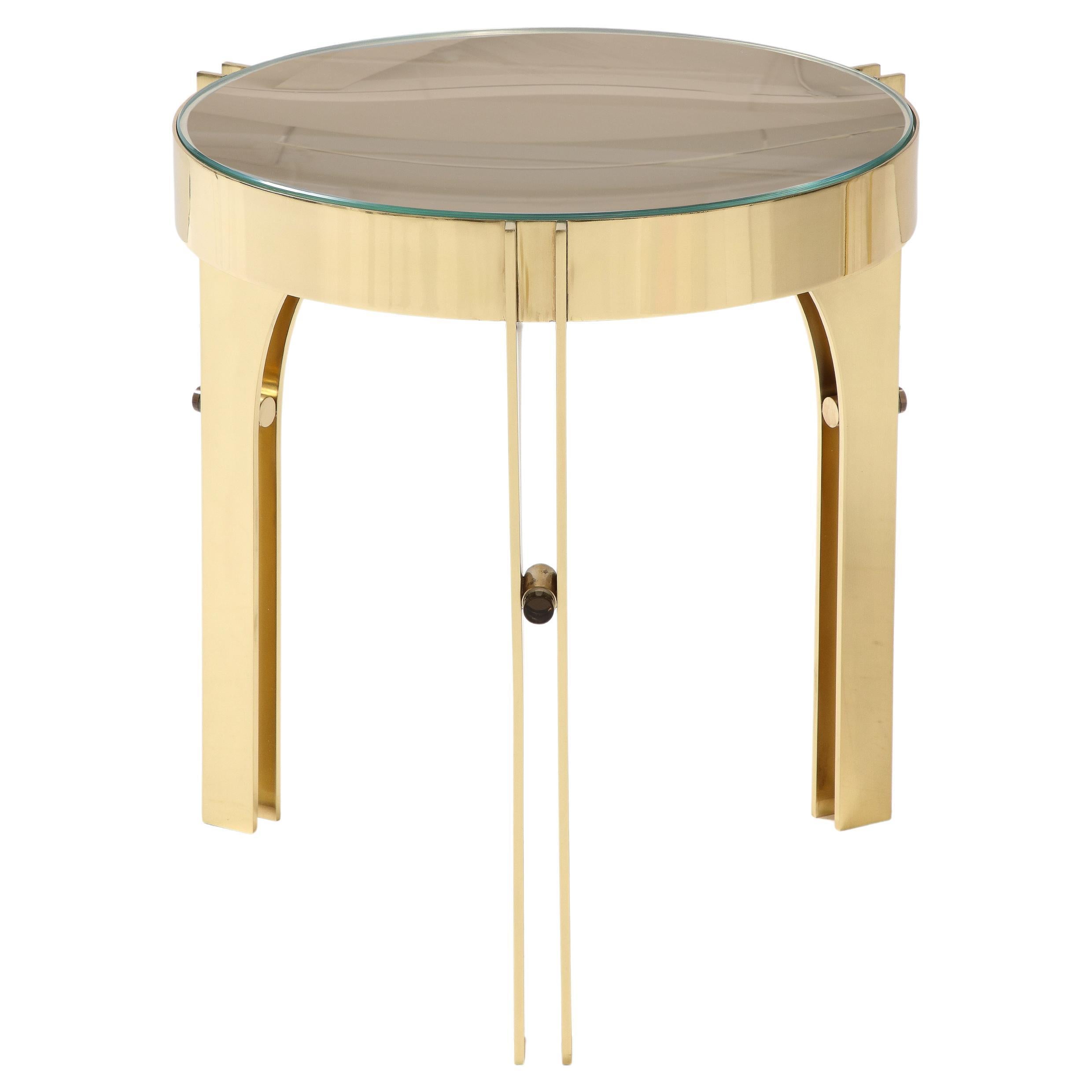 Round Martini Drinks Side Table in Brass with Bronze Optical Glass, Italy
