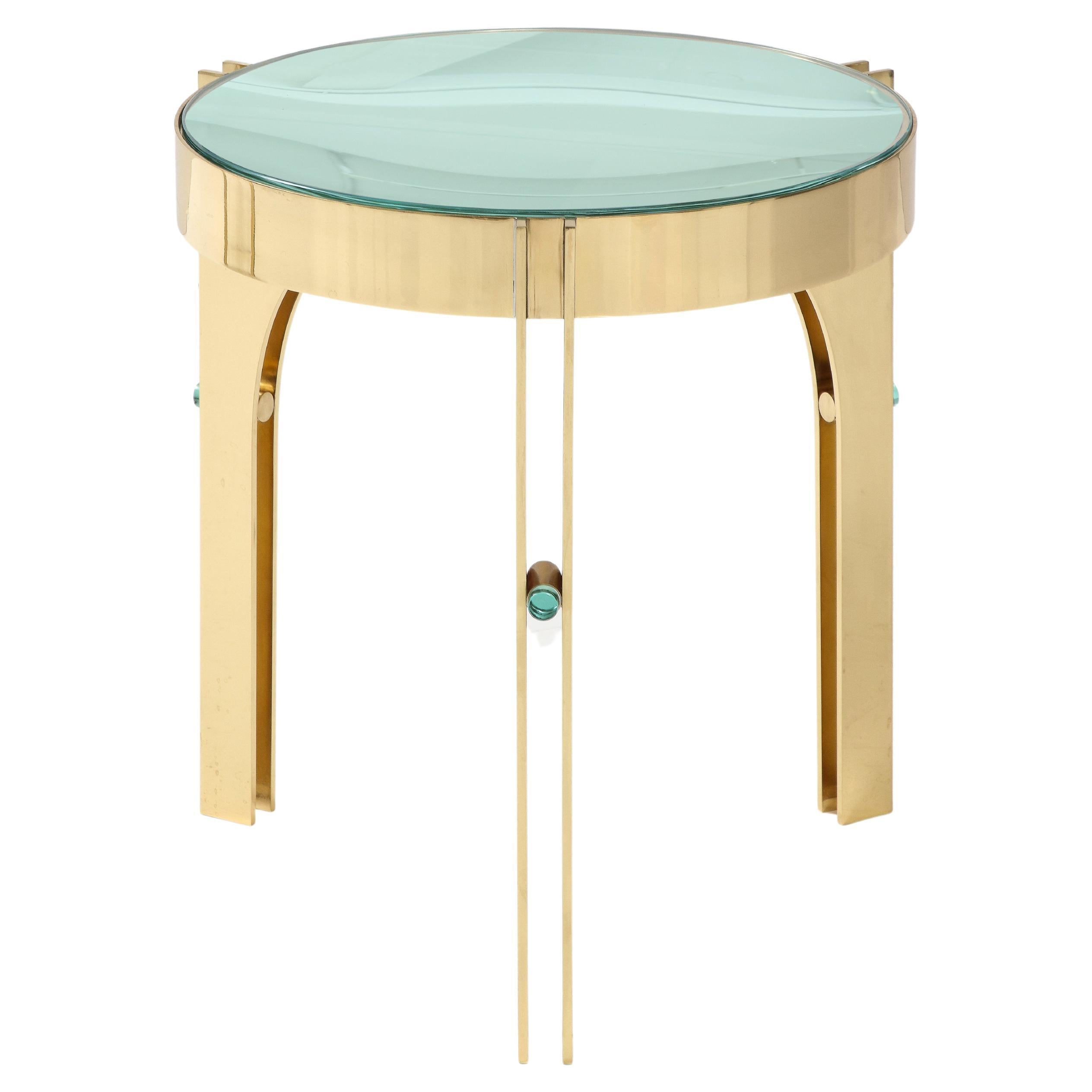 Round Martini Drinks Side Table in Brass with Soft Green Optical Glass, Italy