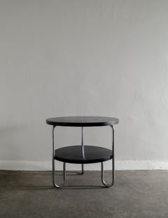 Runder Mauser Werke Waldeck Beistelltisch Bauhaus aus Metall und Buche aus den 1940er Jahren