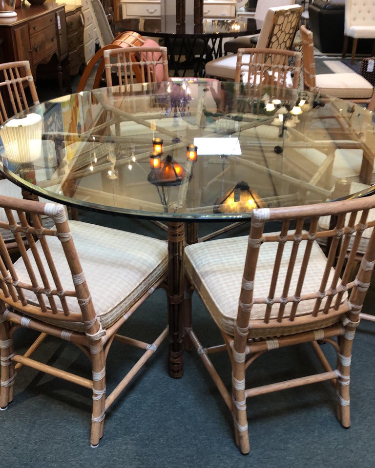 Round McGuire Bamboo and Glass Dining Table With Ten Chairs at 1stDibs