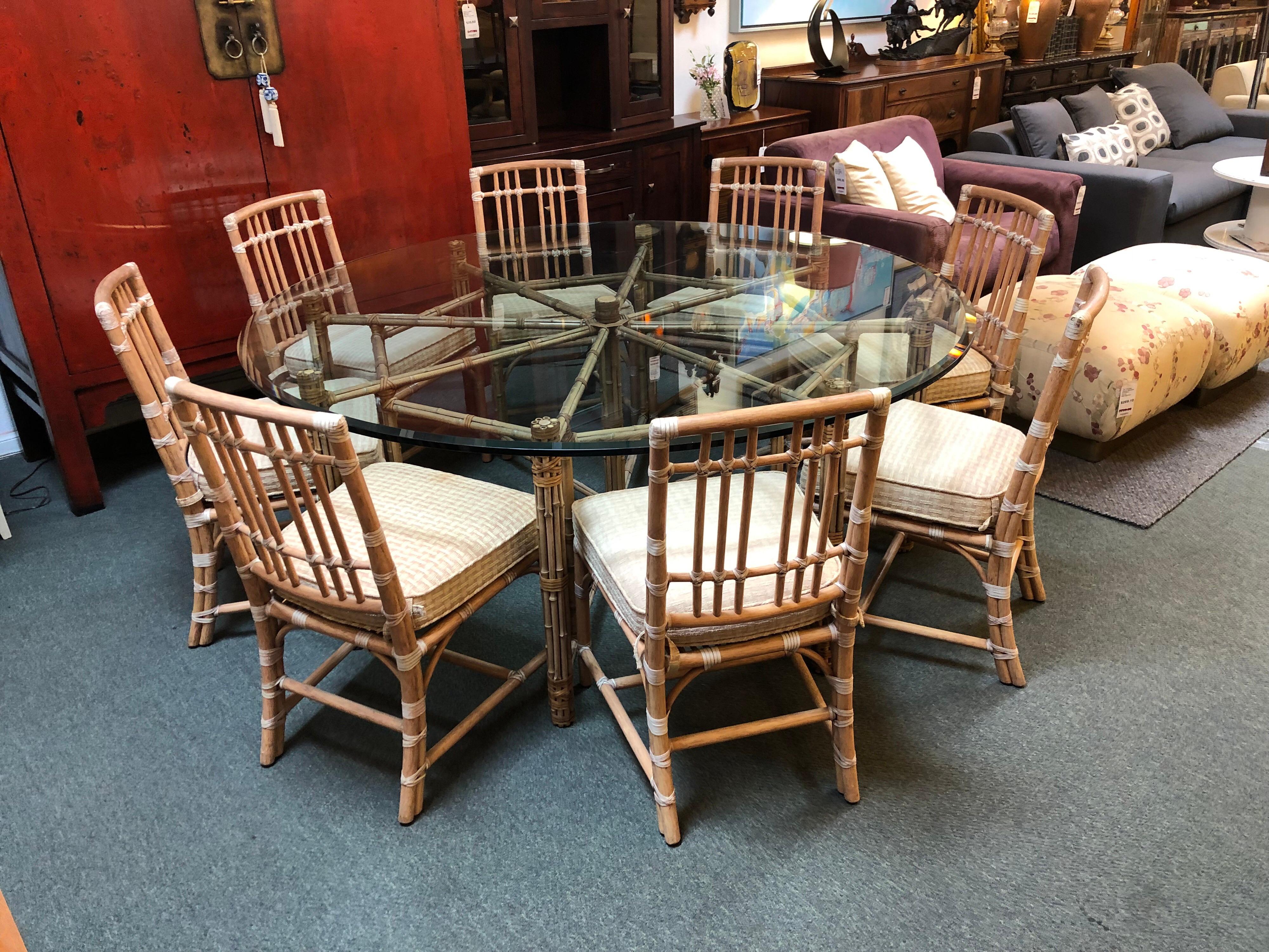 Round McGuire Bamboo and Glass Dining Table With Ten Chairs In Good Condition In San Francisco, CA