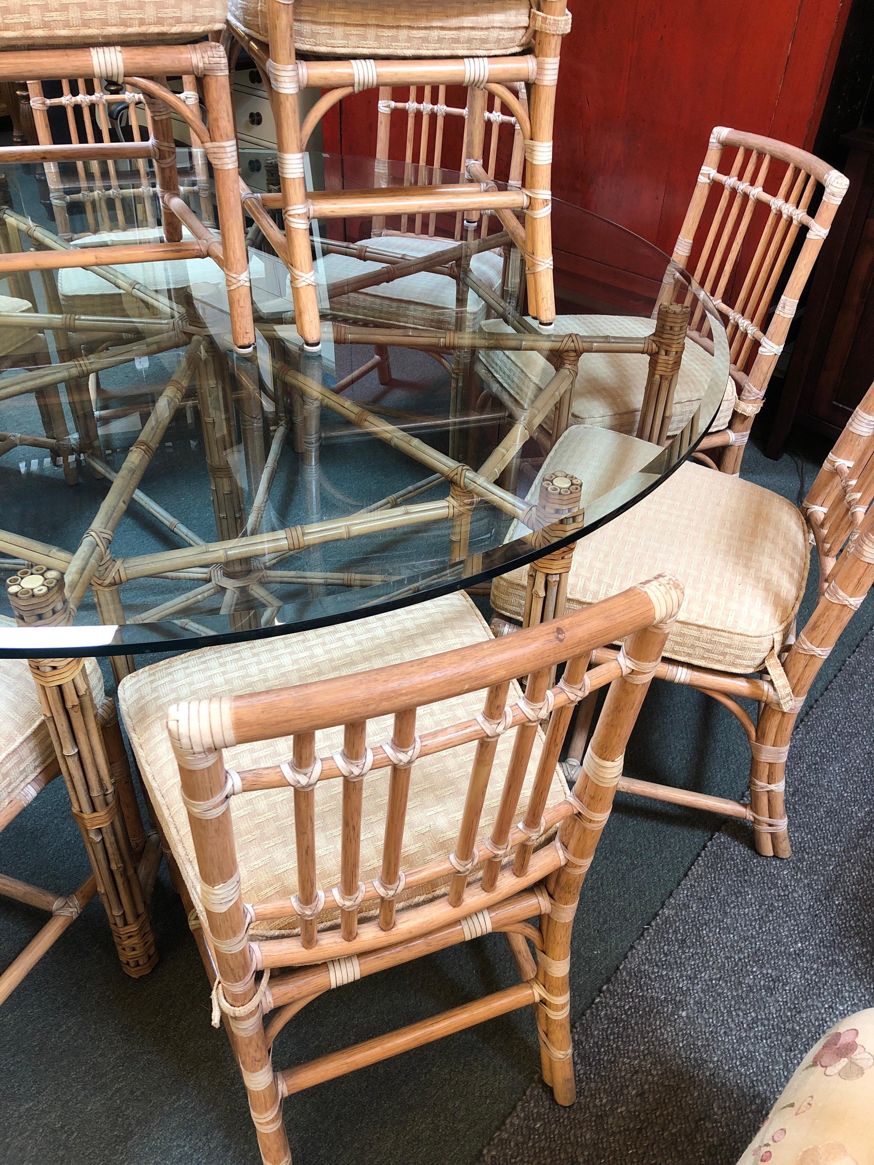 Late 20th Century Round McGuire Bamboo and Glass Dining Table With Ten Chairs