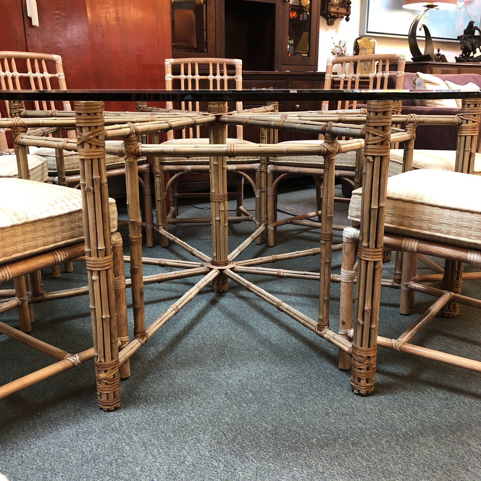 Round McGuire Bamboo and Glass Dining Table With Ten Chairs 3