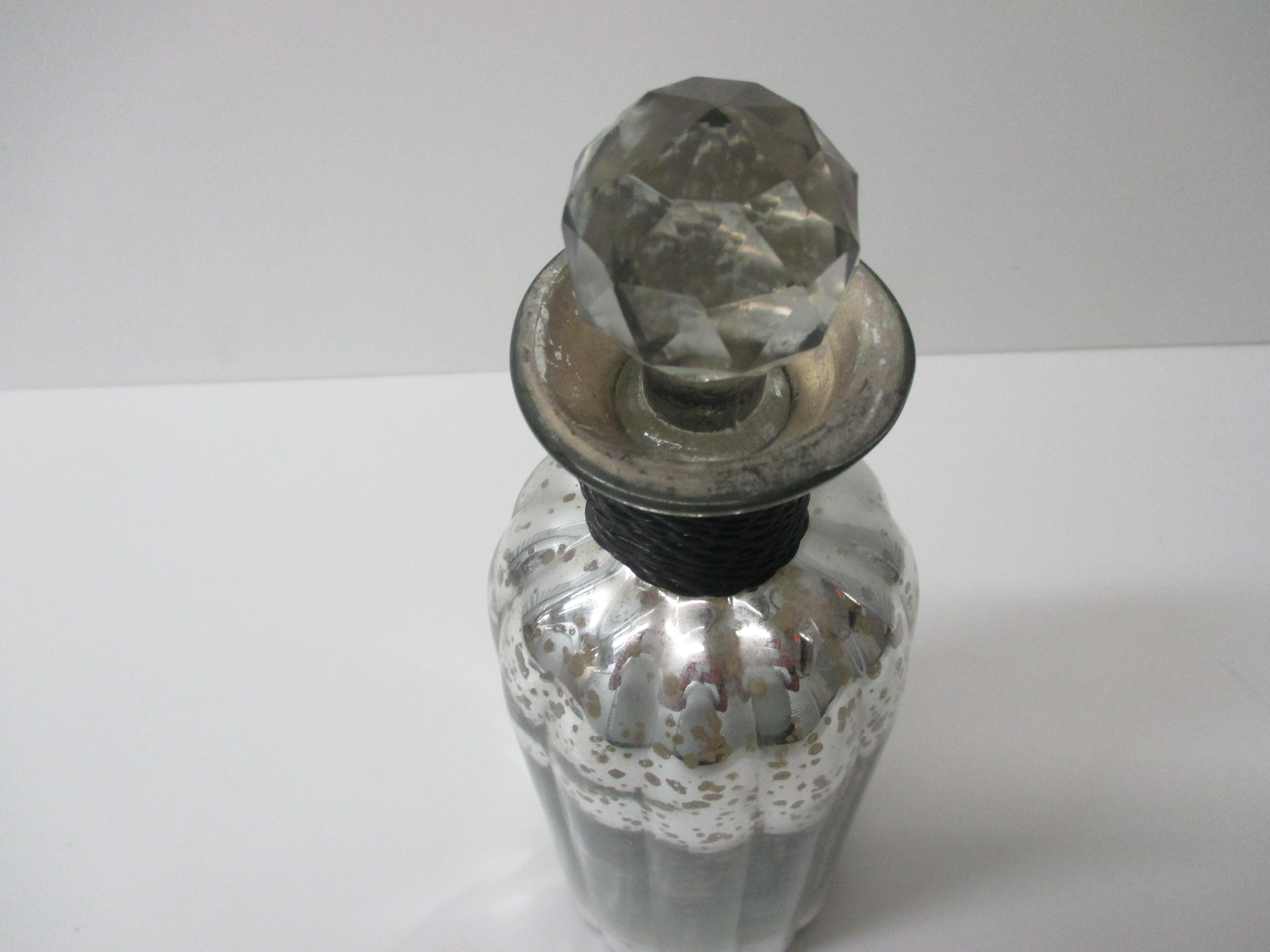 Mid-Century Modern Round Mercury Glass Decanter Cut Glass Design Stopper and Wire Detail on Neck