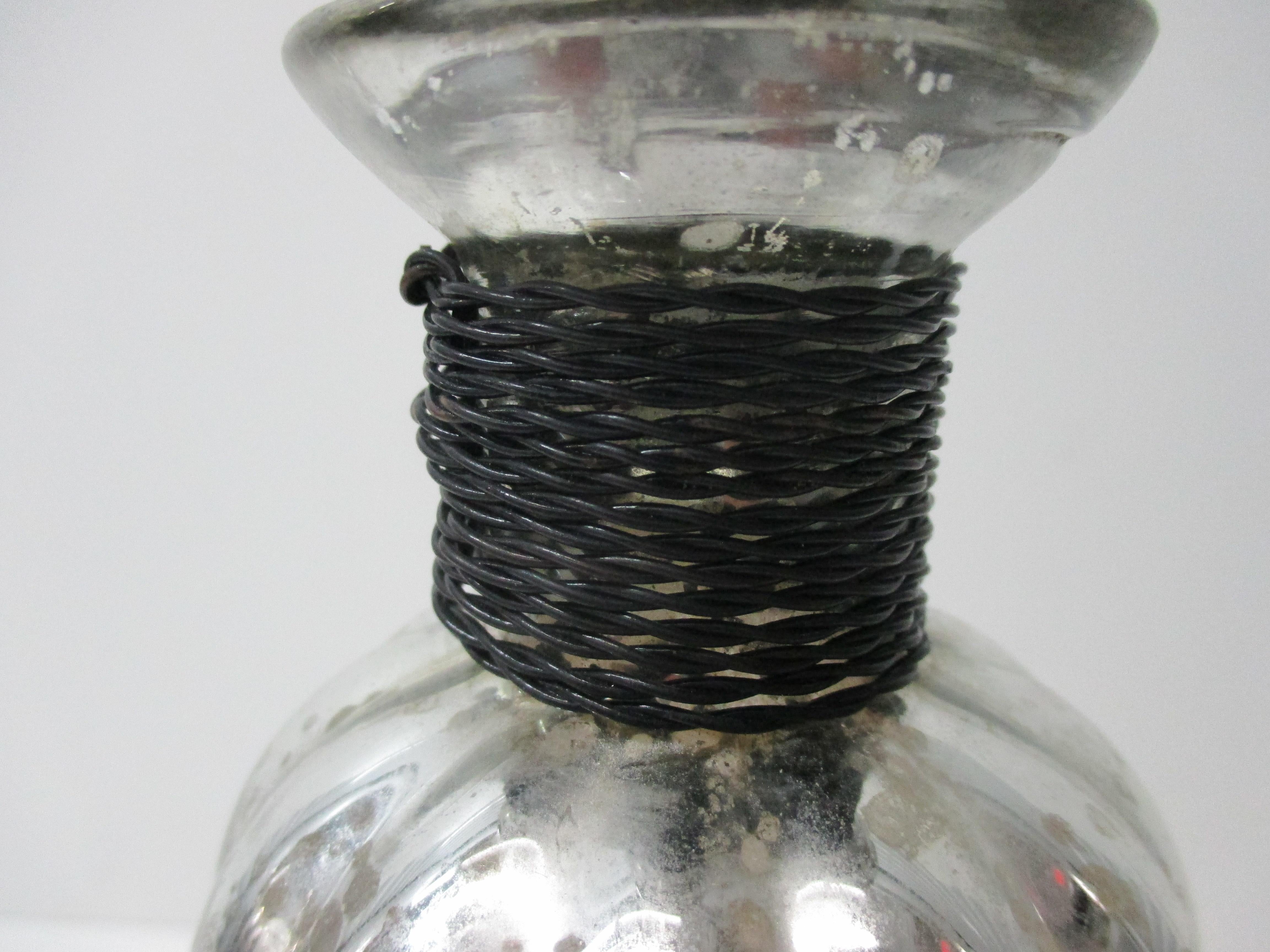 North American Round Mercury Glass Decanter Cut Glass Design Stopper and Wire Detail on Neck