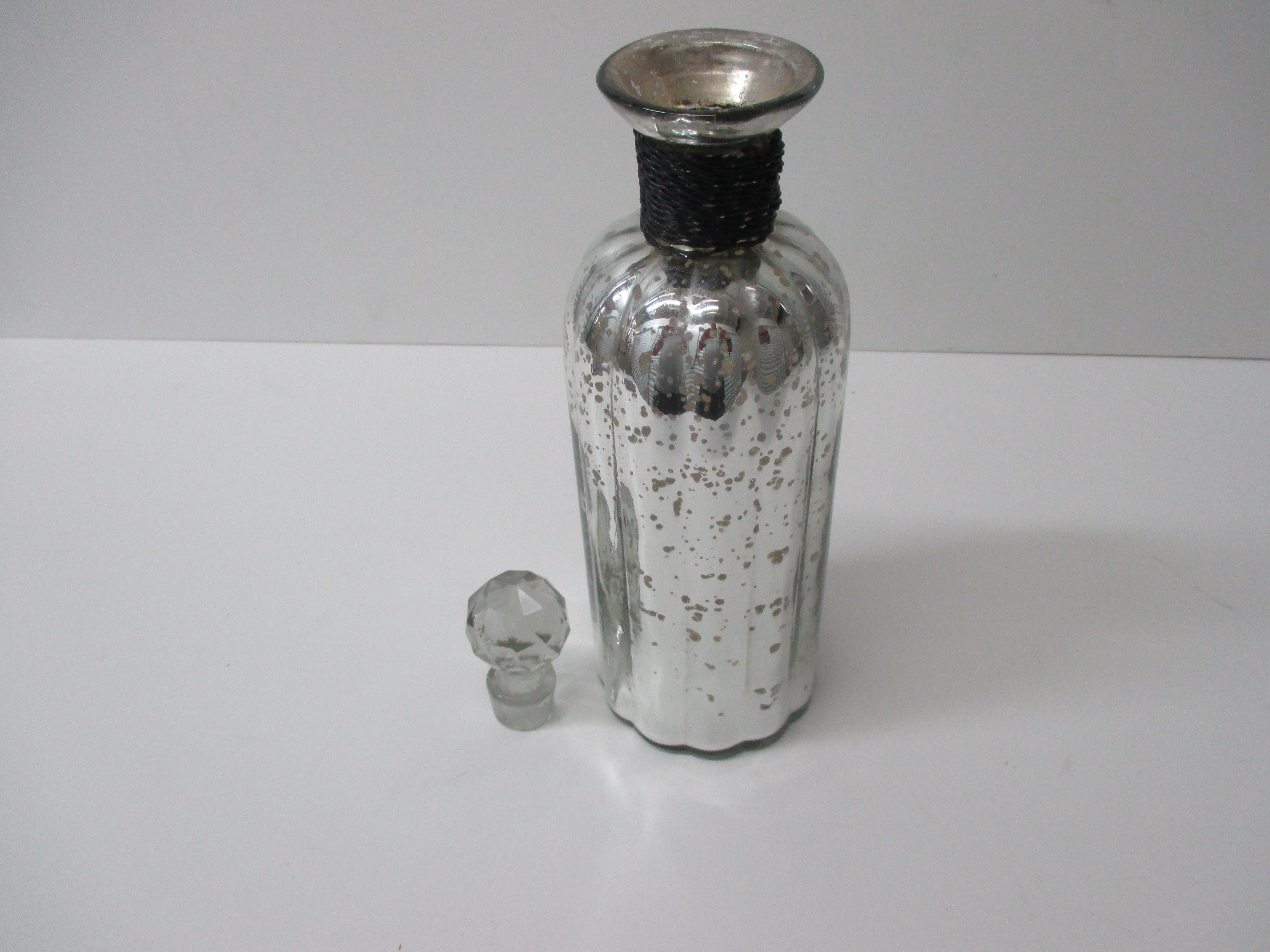 Round Mercury Glass Decanter Cut Glass Design Stopper and Wire Detail on Neck In Good Condition In Oakland Park, FL