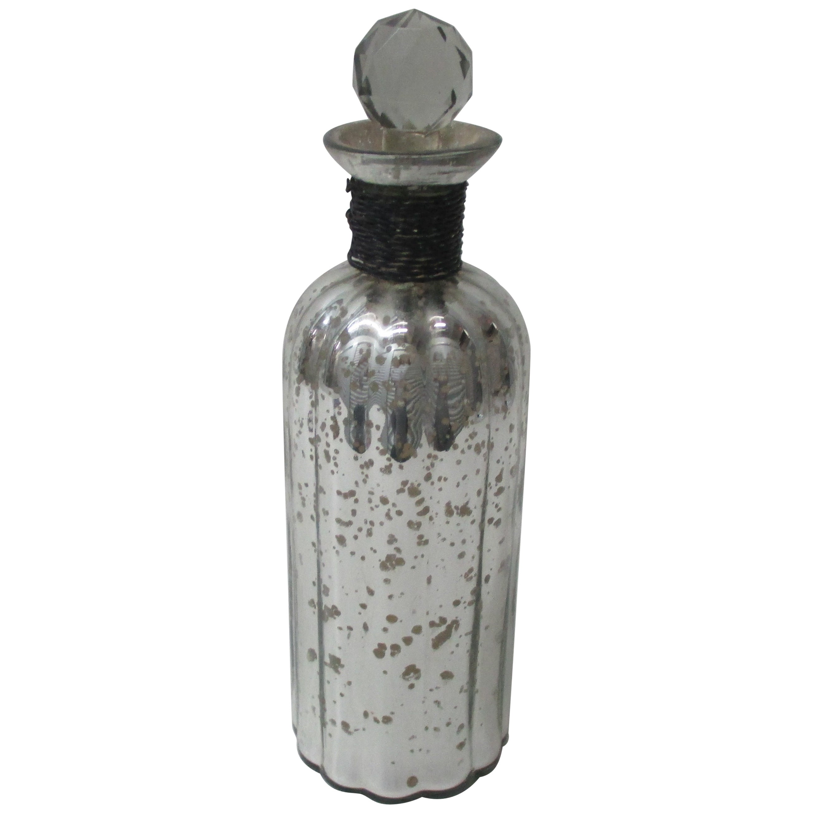 Round Mercury Glass Decanter Cut Glass Design Stopper and Wire Detail on Neck