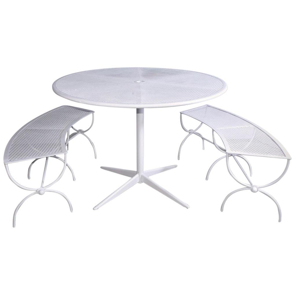 Round Metal Patio Table and Two Matching Benches by Woodard