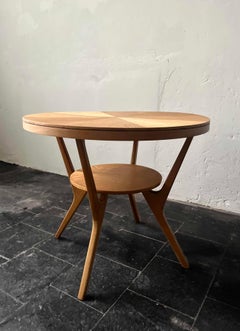 Round Mid-Century Ash Wood Side Table with Y-shaped Legs from the 1950s