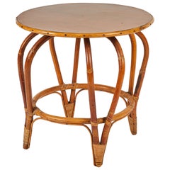 Round Mid Century Bamboo and Rattan Side or Coffee Table with Laminated Top