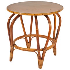 Round Mid Century Bamboo and Rattan Side or Coffee Table with Laminated Top