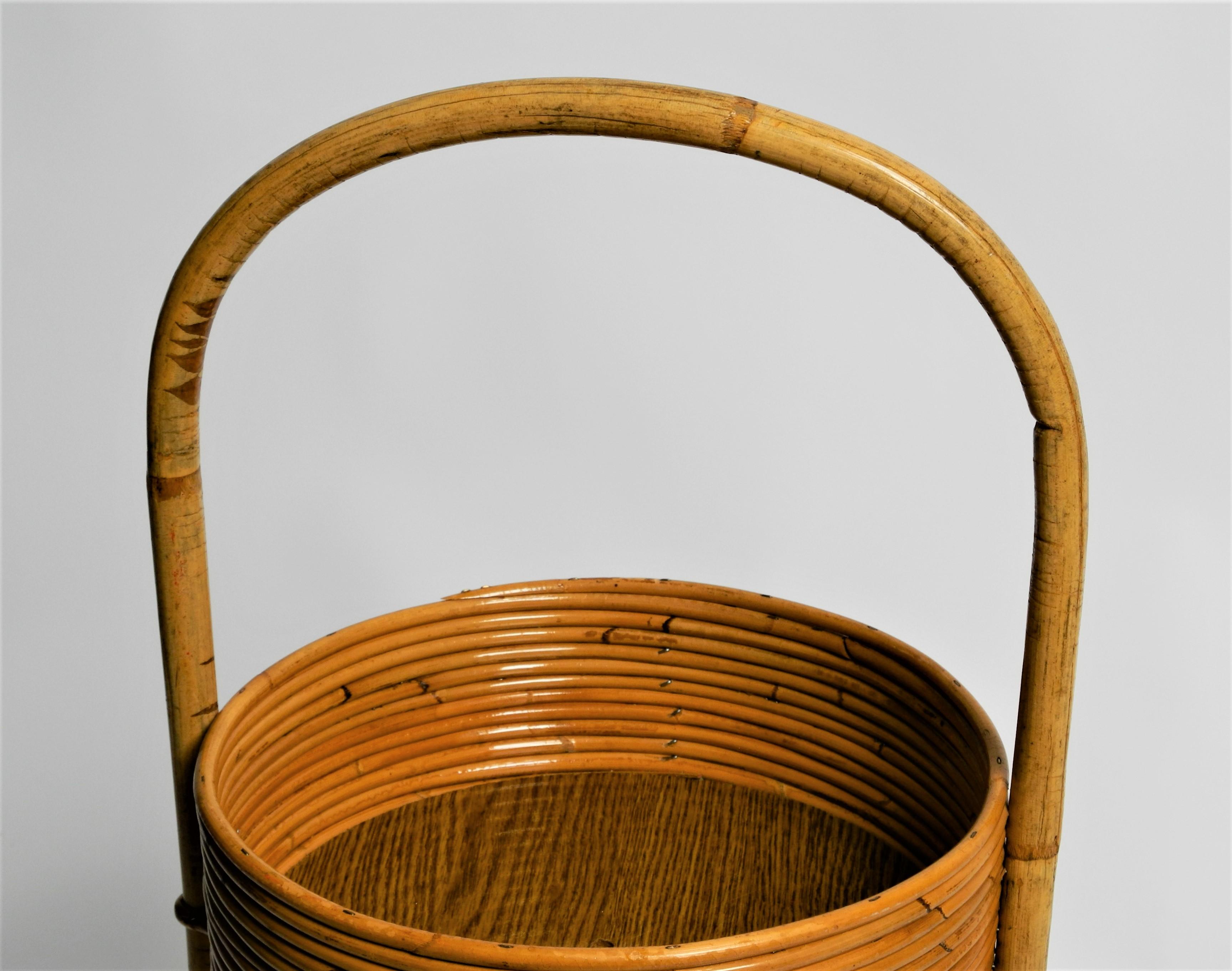 Round Mid-Century Bar Cart Serving Trolley of Bamboo and Rattan, Italy, 1970s 4