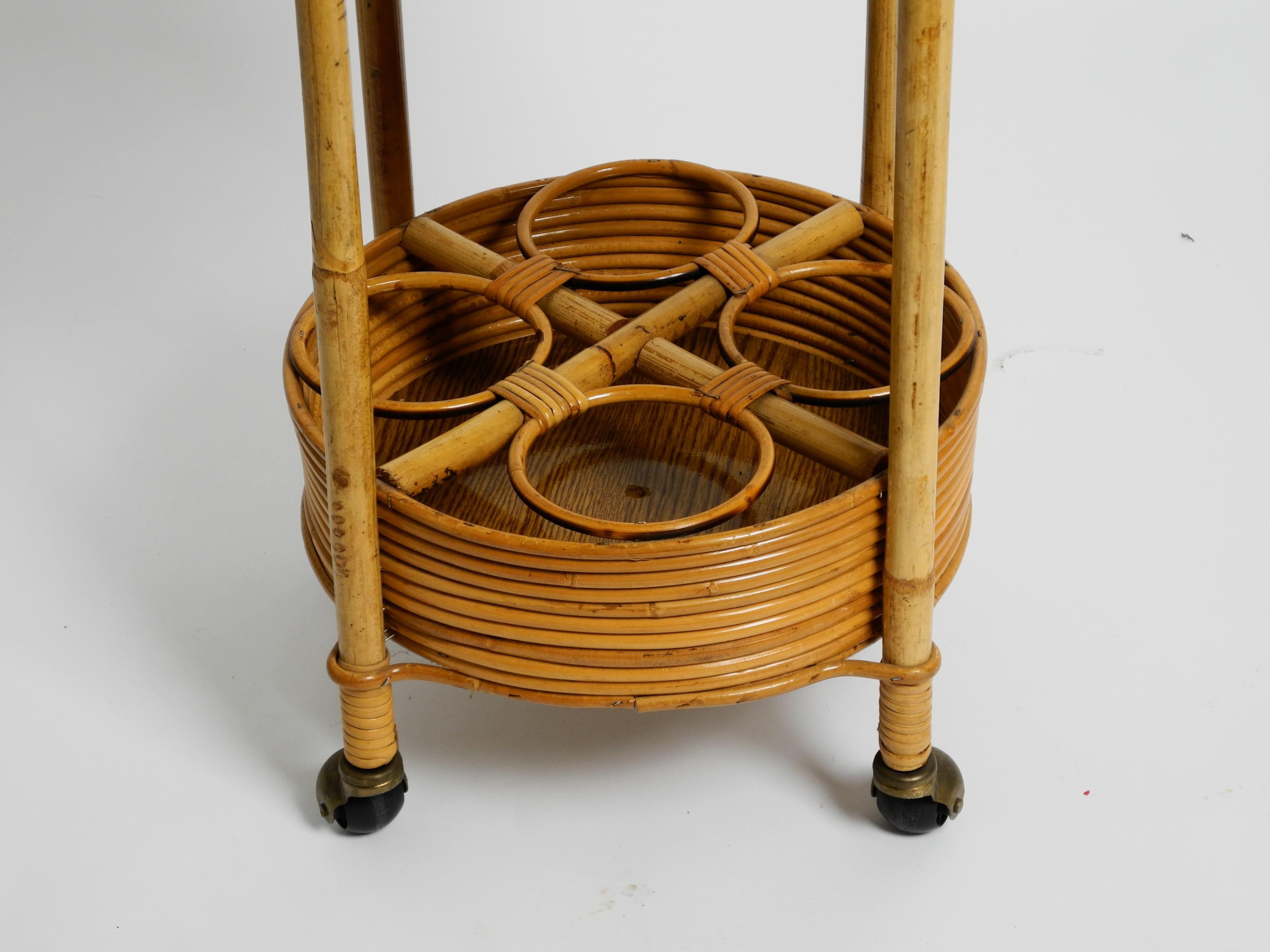 Round Mid-Century Bar Cart Serving Trolley of Bamboo and Rattan, Italy, 1970s 7