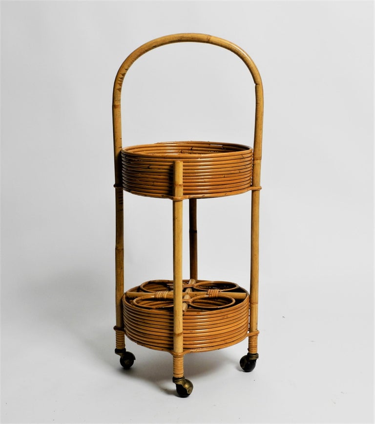 Round Mid-Century Bar Cart Serving Trolley of Bamboo and Rattan, Italy ...