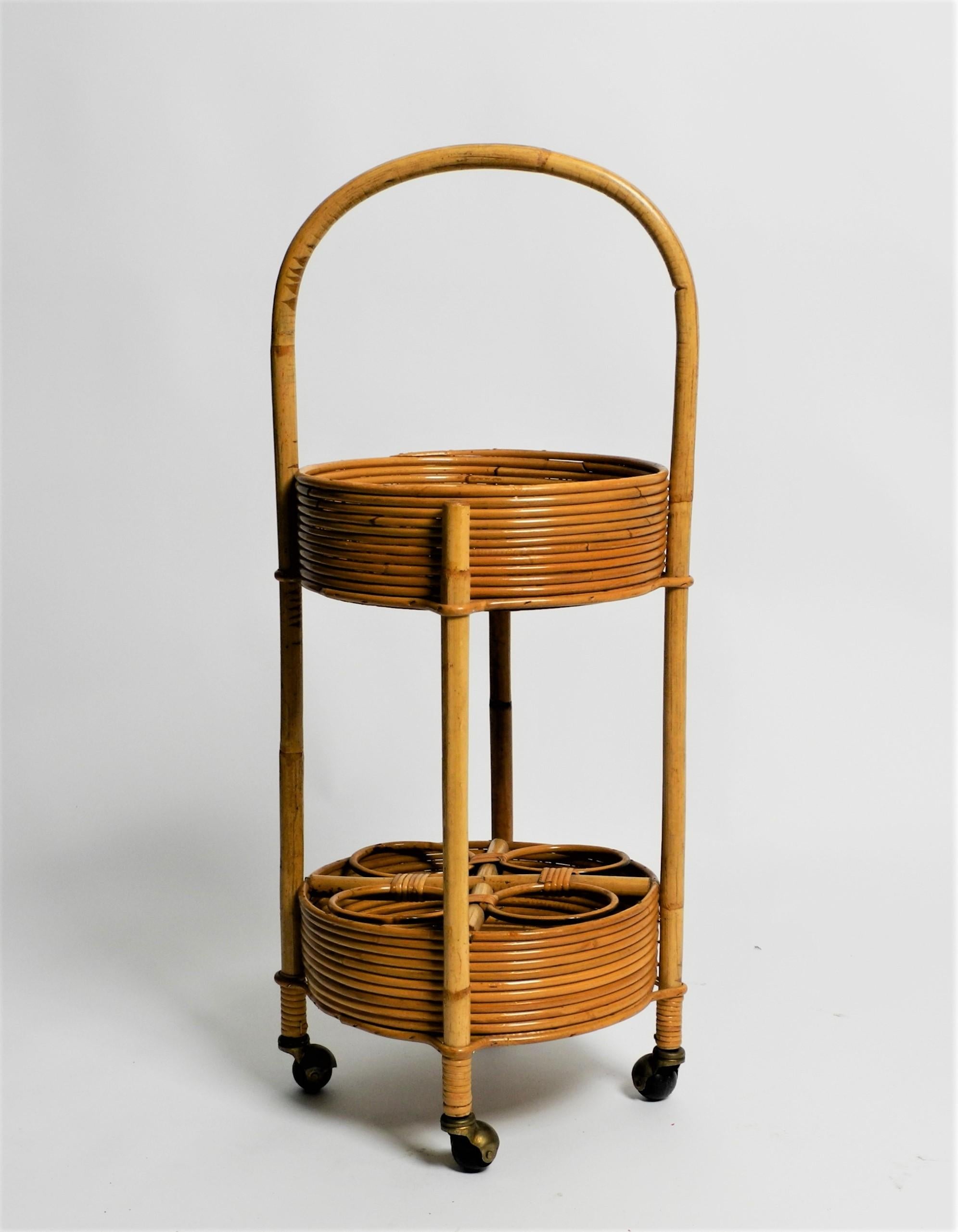 Mid-Century Modern Round Mid-Century Bar Cart Serving Trolley of Bamboo and Rattan, Italy, 1970s