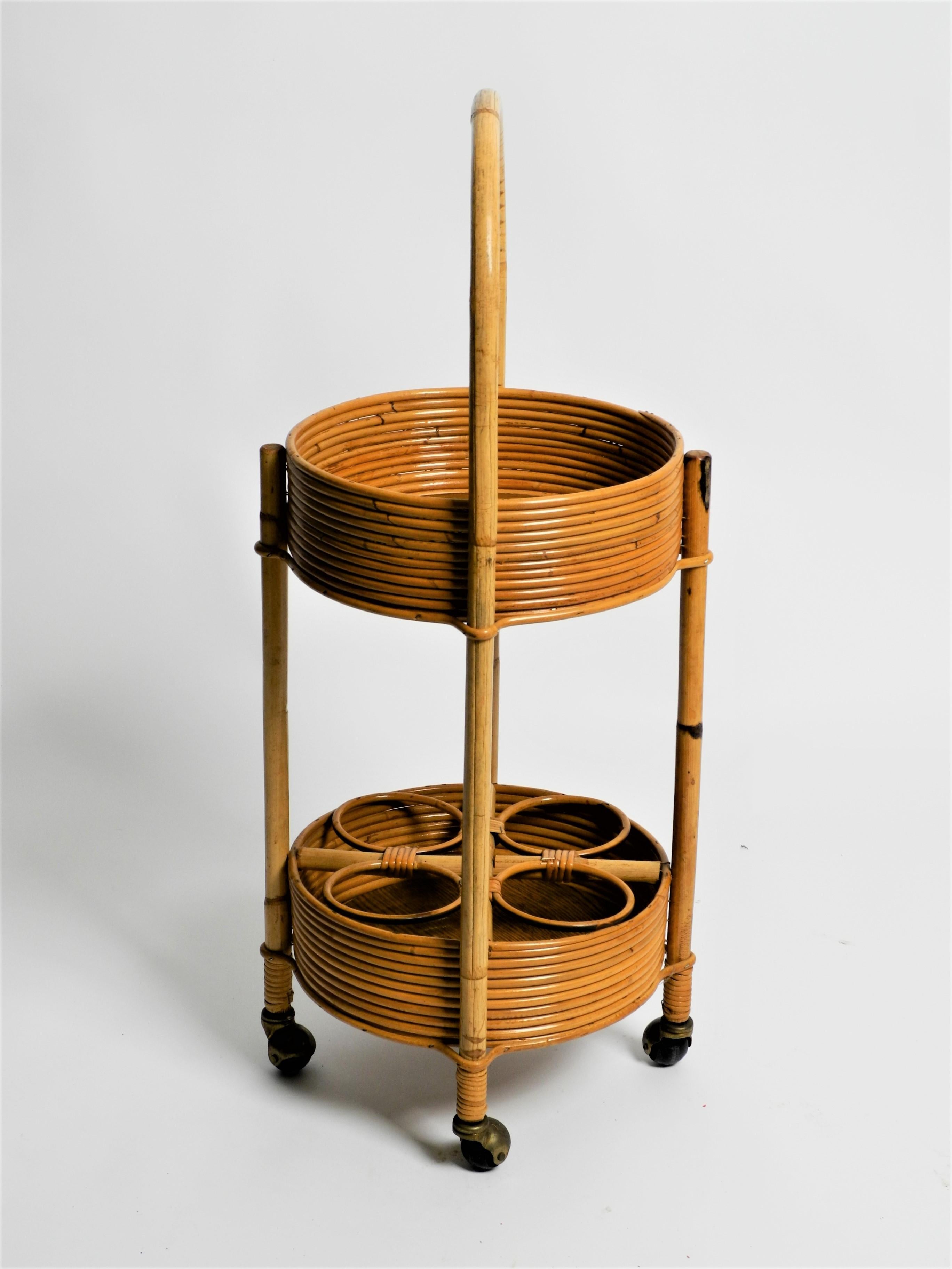 Italian Round Mid-Century Bar Cart Serving Trolley of Bamboo and Rattan, Italy, 1970s