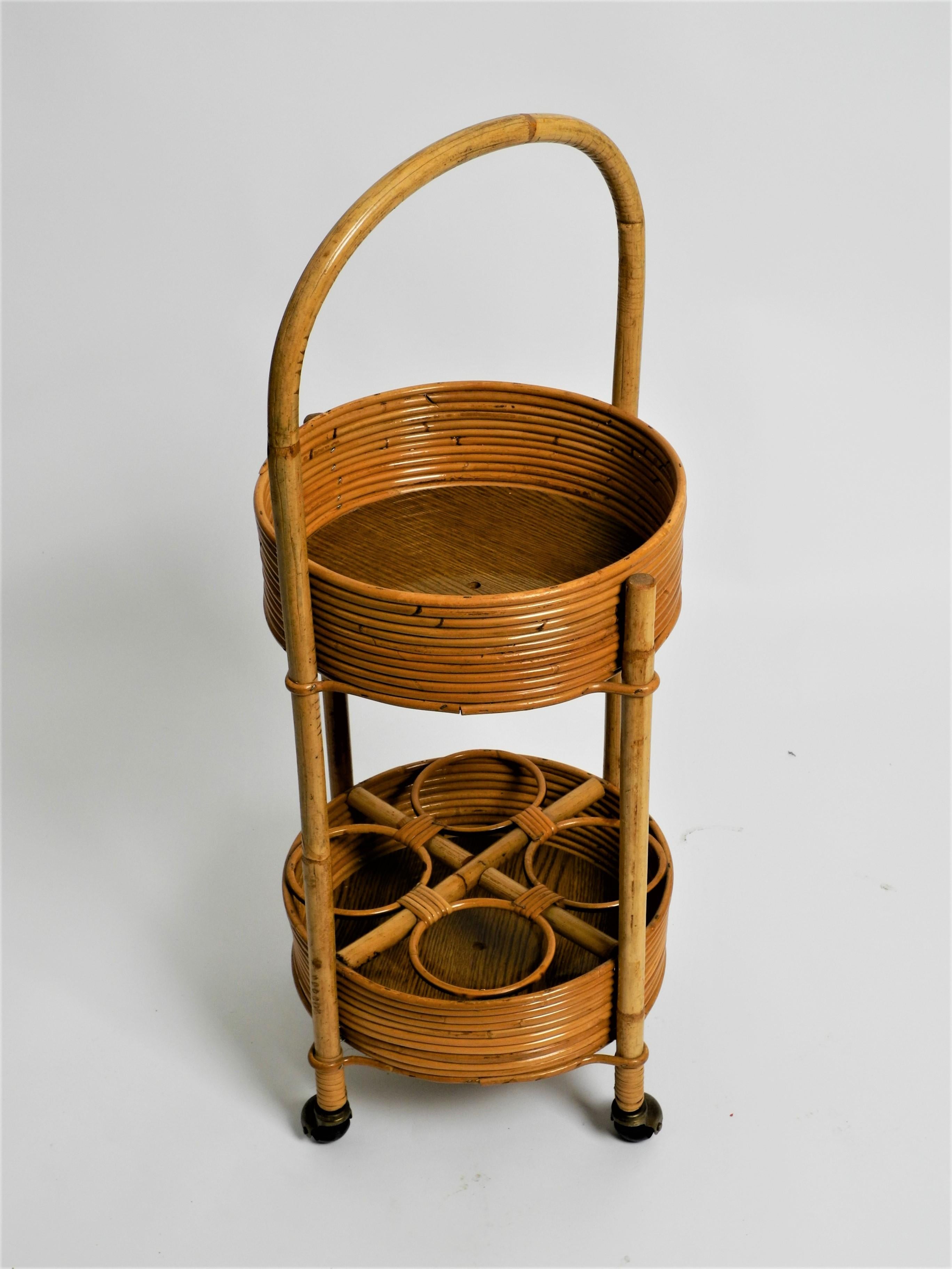 Round Mid-Century Bar Cart Serving Trolley of Bamboo and Rattan, Italy, 1970s In Good Condition In München, BY