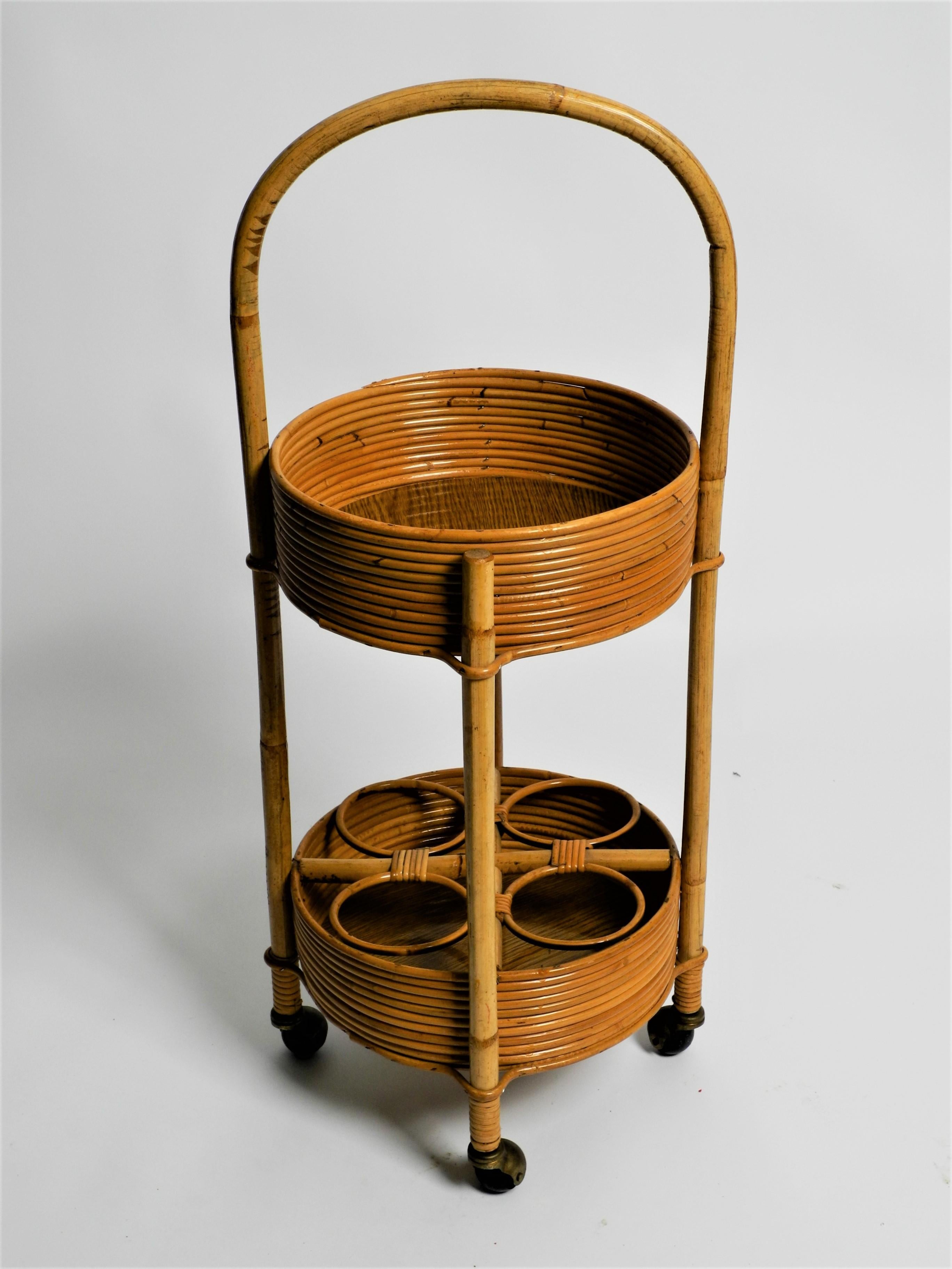 Late 20th Century Round Mid-Century Bar Cart Serving Trolley of Bamboo and Rattan, Italy, 1970s