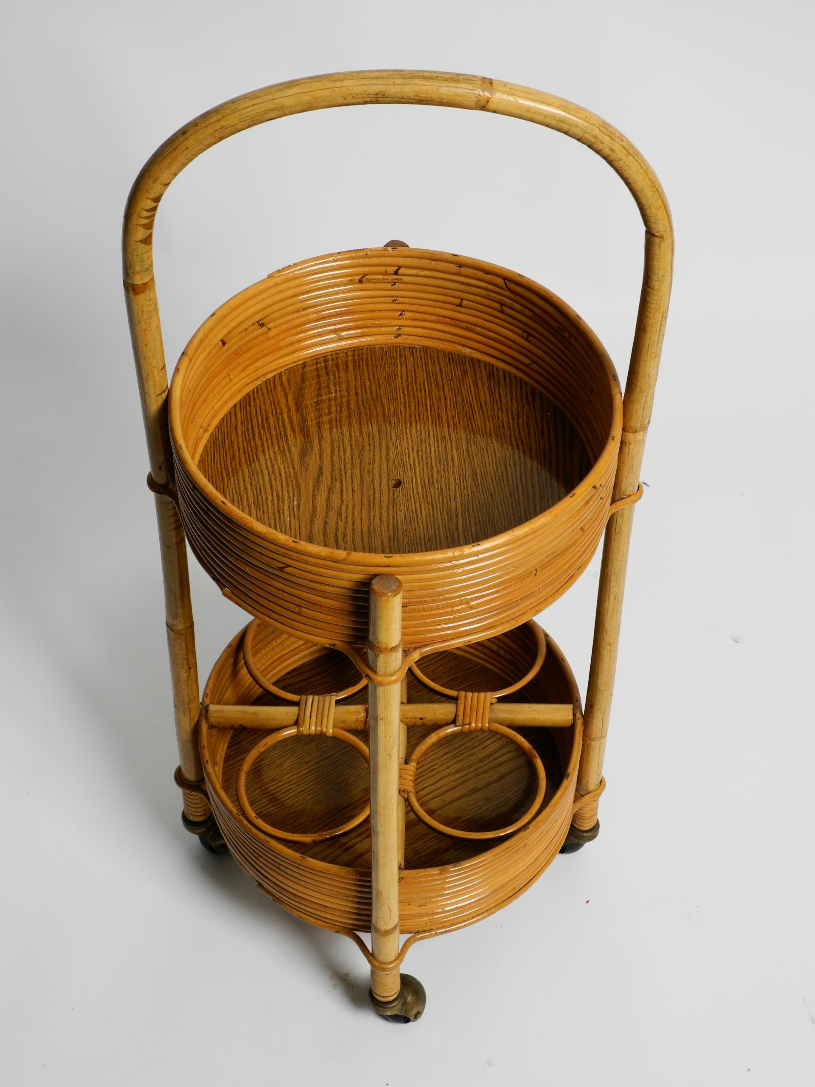 Round Mid-Century Bar Cart Serving Trolley of Bamboo and Rattan, Italy, 1970s 1