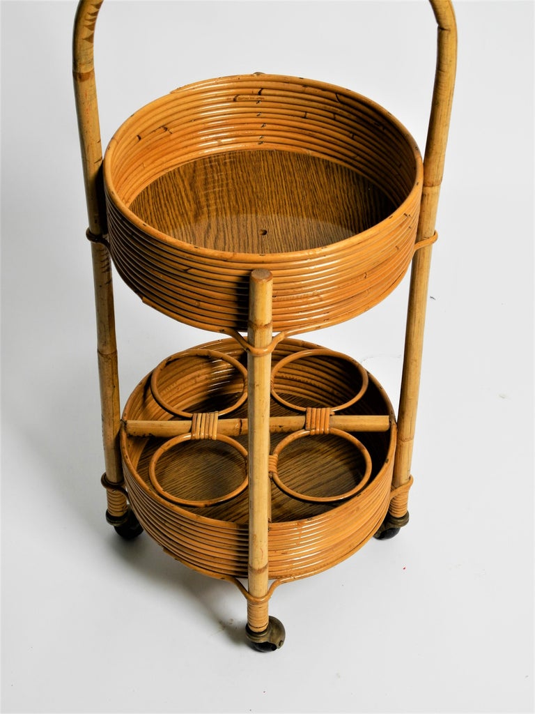 Round Mid-Century Bar Cart Serving Trolley of Bamboo and Rattan, Italy ...