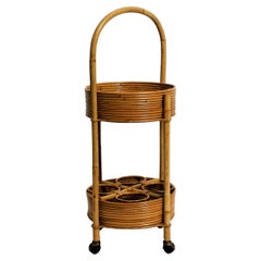 Round Mid-Century Bar Cart Serving Trolley of Bamboo and Rattan, Italy, 1970s