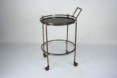 Round Mid-Century Brass and Marble-Effect Glass Bar Cart. Italy 1950s
