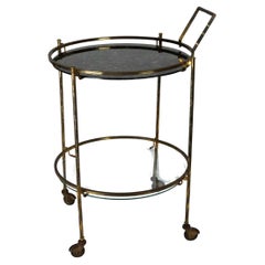 Round Mid-Century Brass and Marble-Effect Glass Bar Cart. Italy 1950s