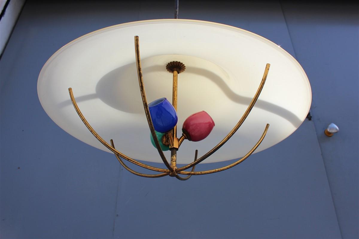 Italian Round Midcentury Chandelier Seguso Design Colored Glass 1950s Brass Gold For Sale