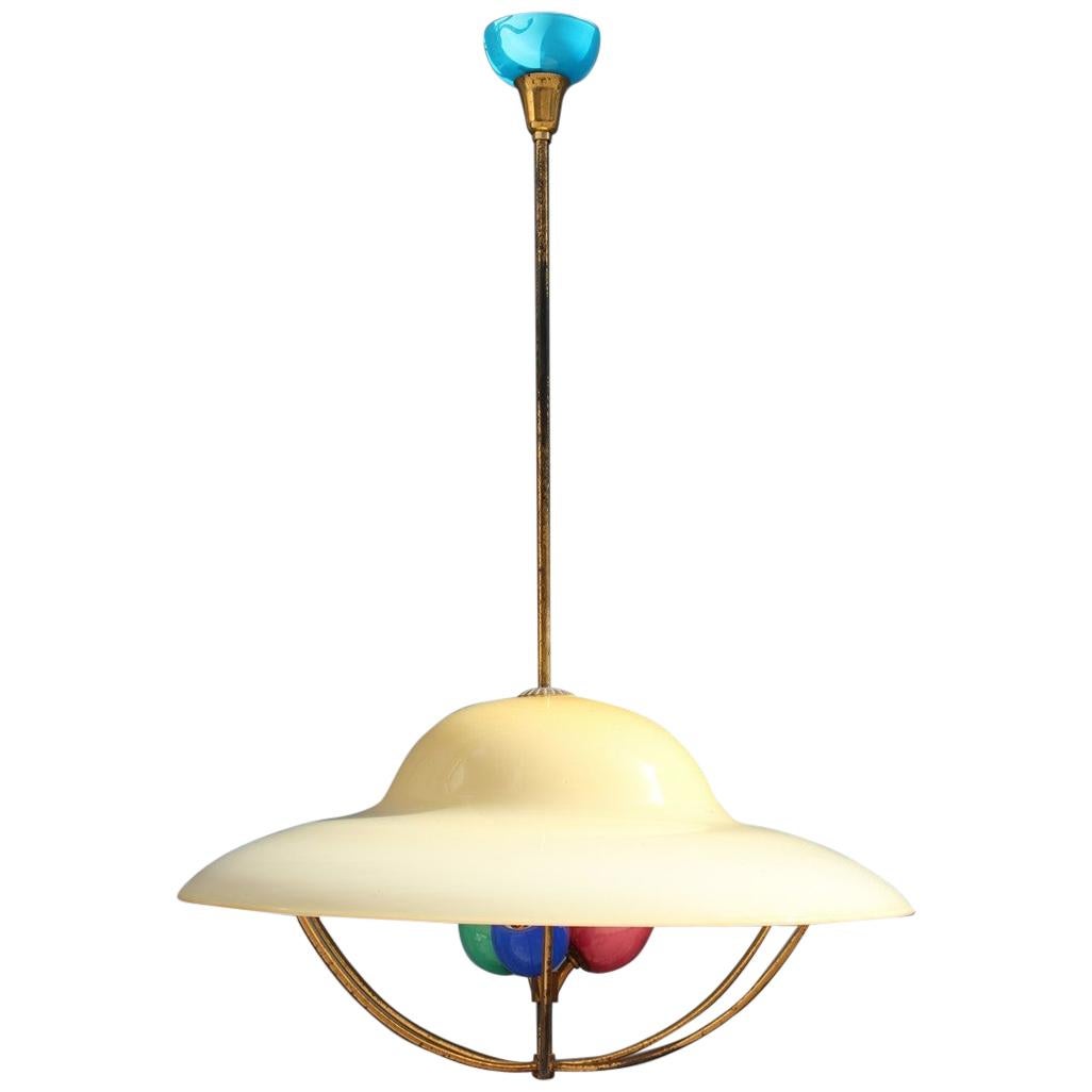 Round Midcentury Chandelier Seguso Design Colored Glass 1950s Brass Gold For Sale