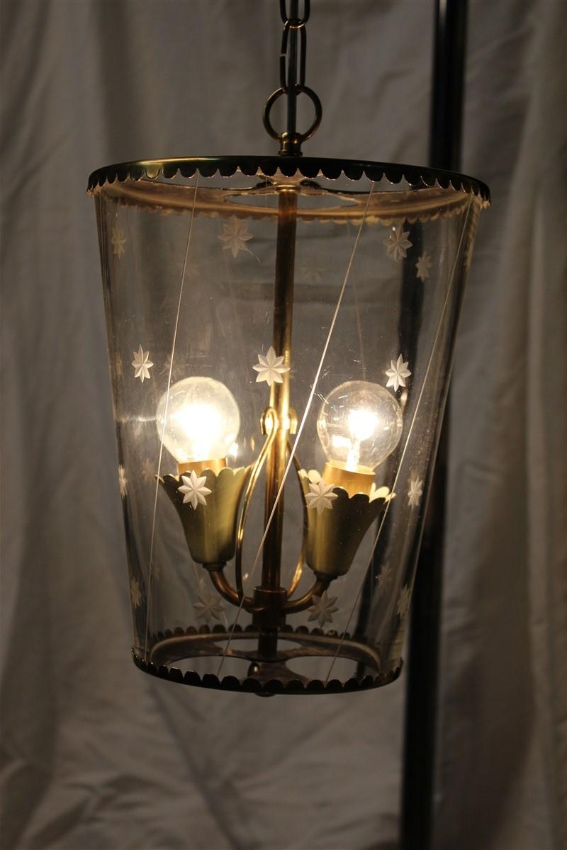 Round midcentury crystal arte lantern ceiling glass brass gold Italian design.
2 Light bulbs E14 max 40 Watt each.