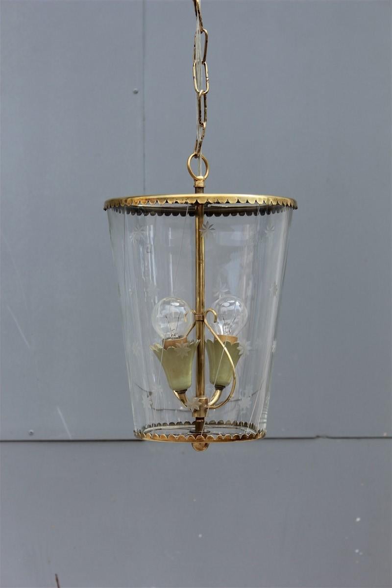 Mid-Century Modern Round Midcentury Cristal Arte Lantern Ceiling Glass Brass Gold Italian Design