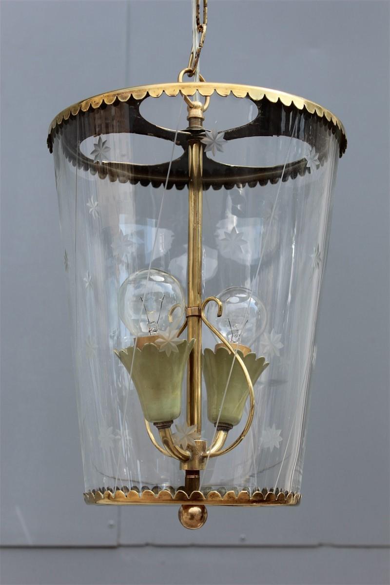 Mid-20th Century Round Midcentury Cristal Arte Lantern Ceiling Glass Brass Gold Italian Design