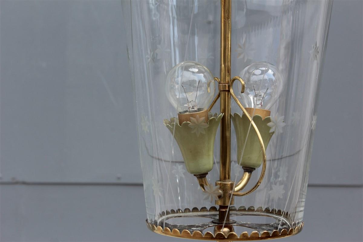 Round Midcentury Cristal Arte Lantern Ceiling Glass Brass Gold Italian Design 2