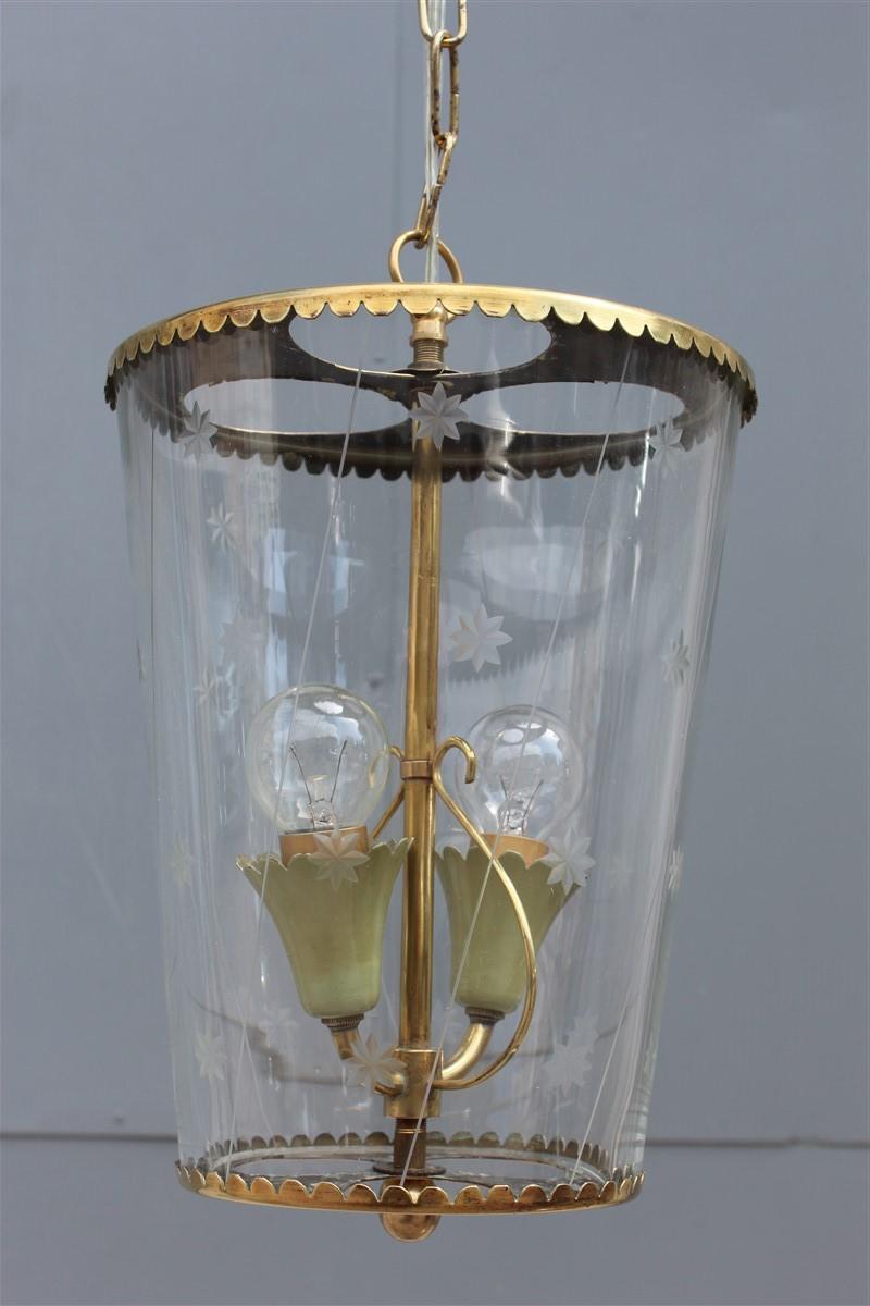 Round Midcentury Cristal Arte Lantern Ceiling Glass Brass Gold Italian Design 4