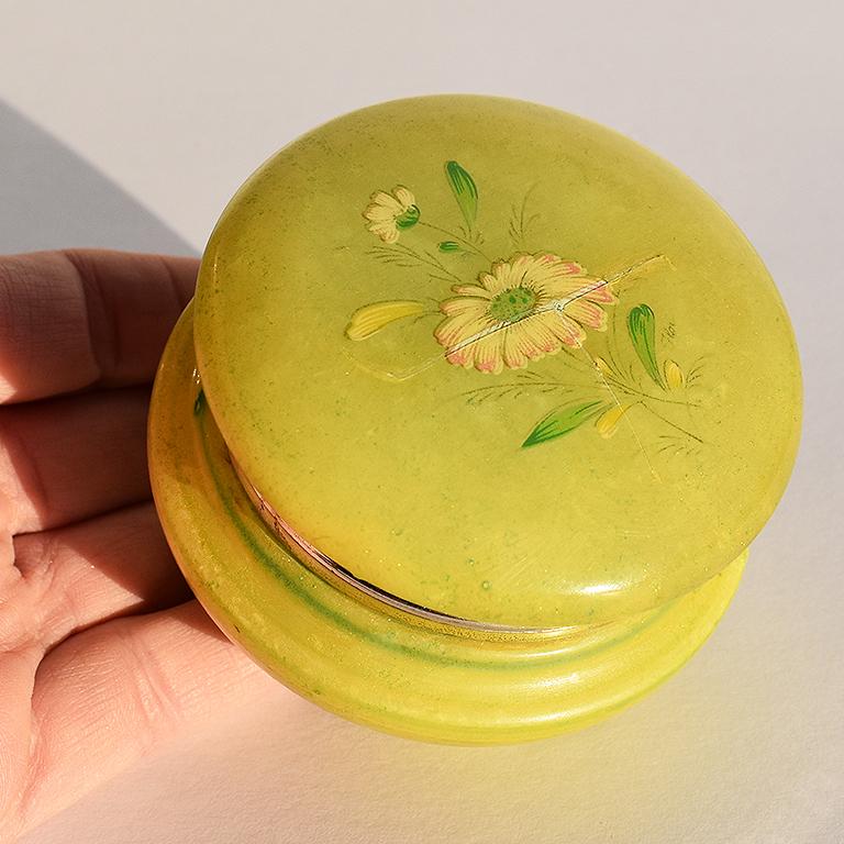Round Midcentury Green Alabaster Floral Hinged Trinket Box with Lid