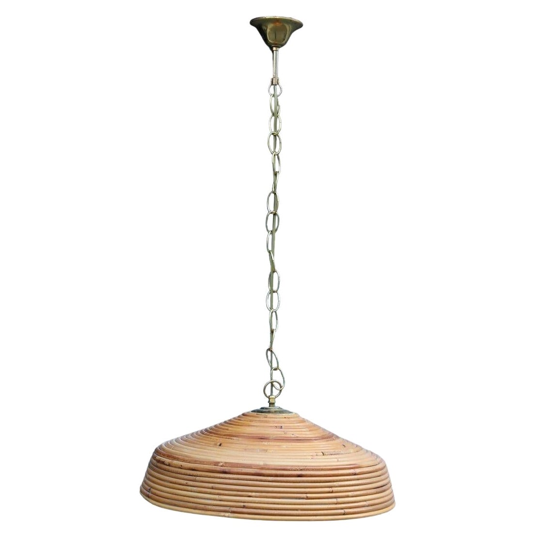 Lampadario rotondo in bambù e ottone del Mid Century 1950 in vendita