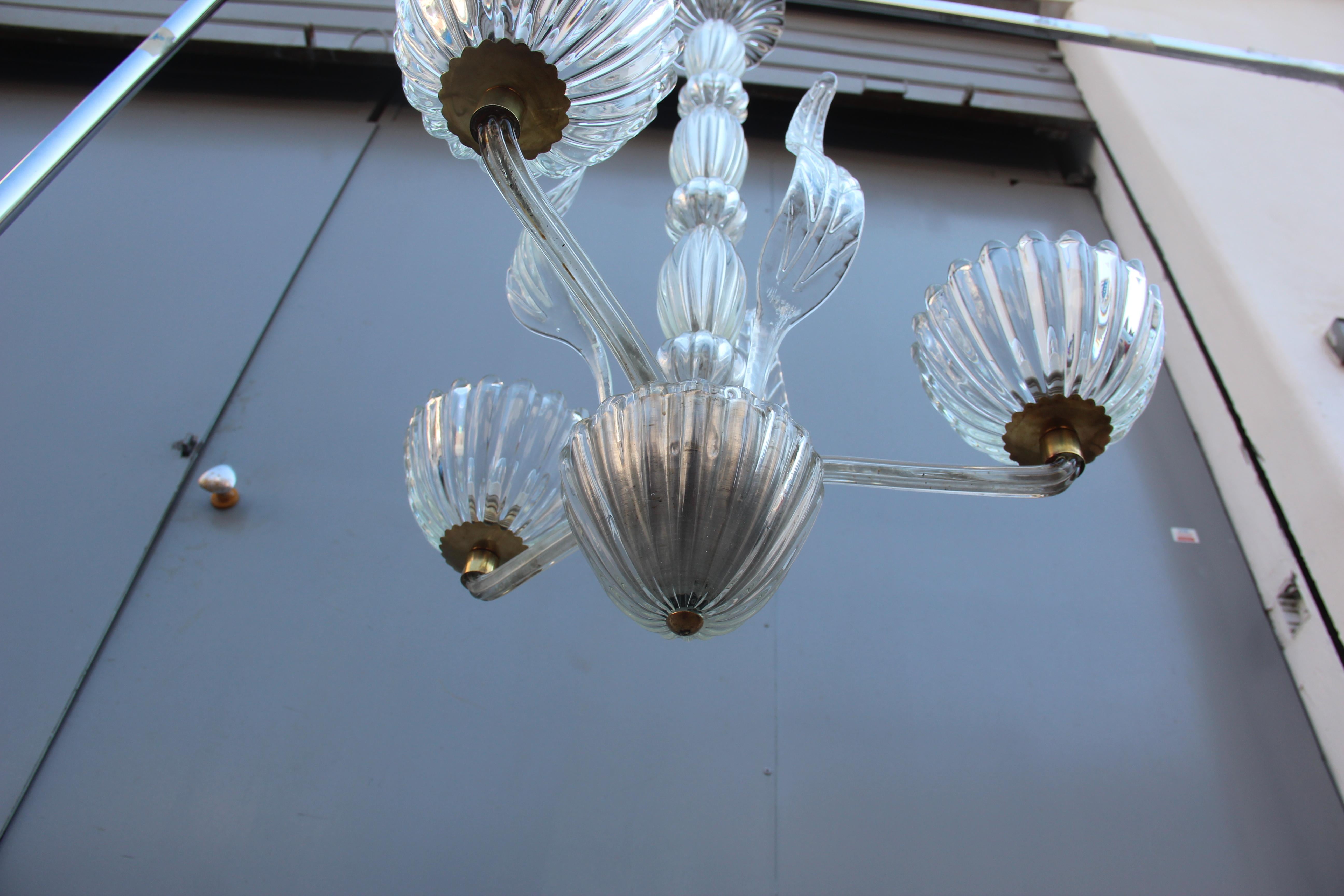 Mid-20th Century Round Midcentury Italian Chandelier Murano Glass Brass Parts 1950s Barovier For Sale