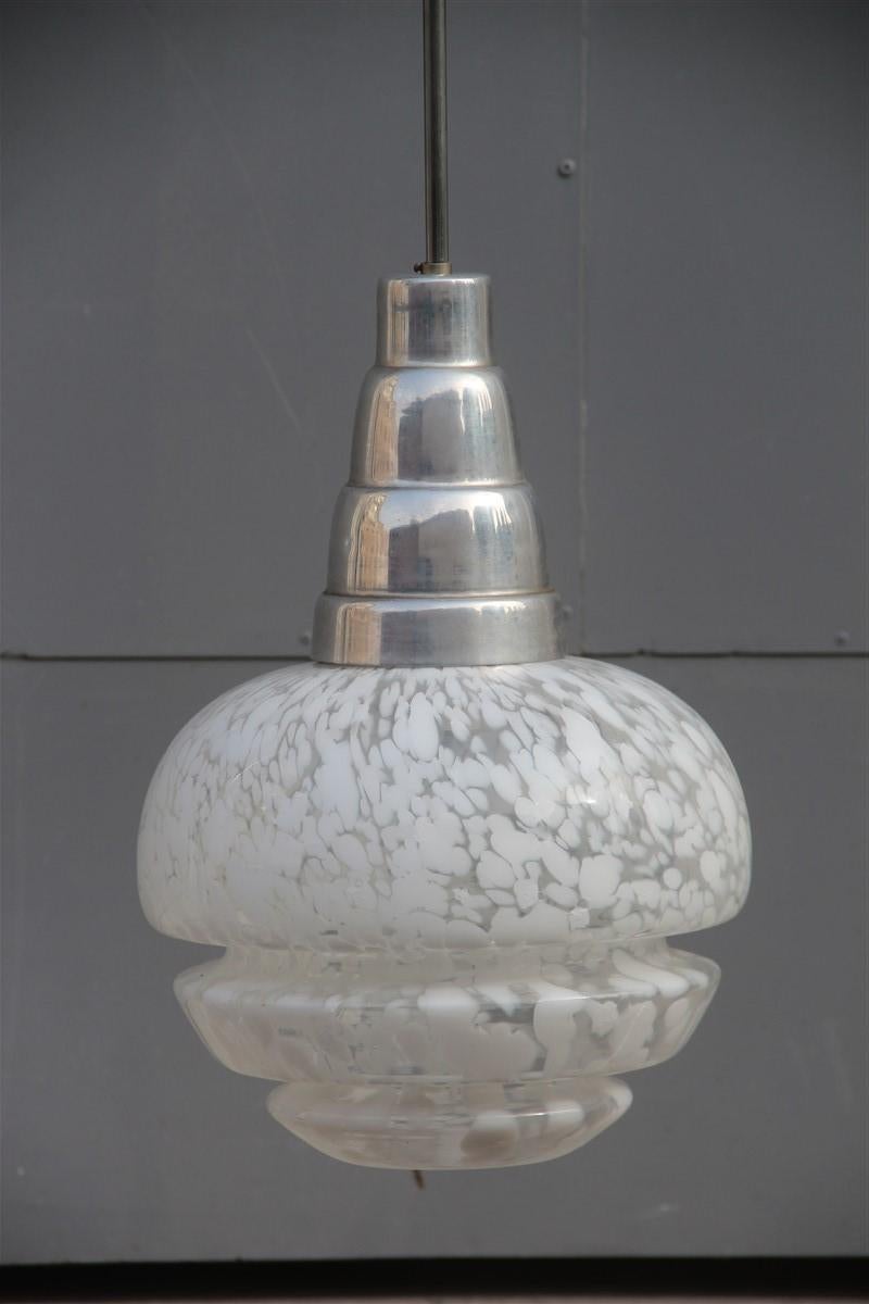 Mid-20th Century Round Midcentury Italian Design Chandelier Aluminum Murano White Glass, 1960 For Sale