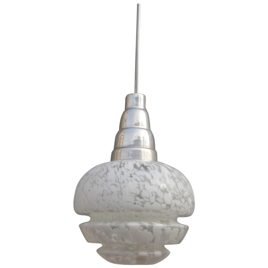 Round Midcentury Italian Design Chandelier Aluminum Murano White Glass, 1960 For Sale