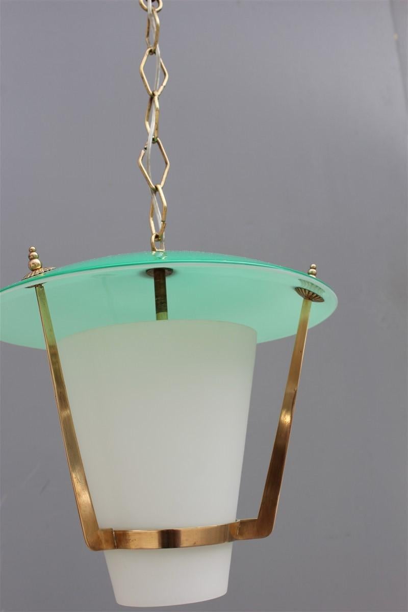 Mid-Century Modern Round Midcentury Italian Design Lantern Green Gold Brass Glass White For Sale