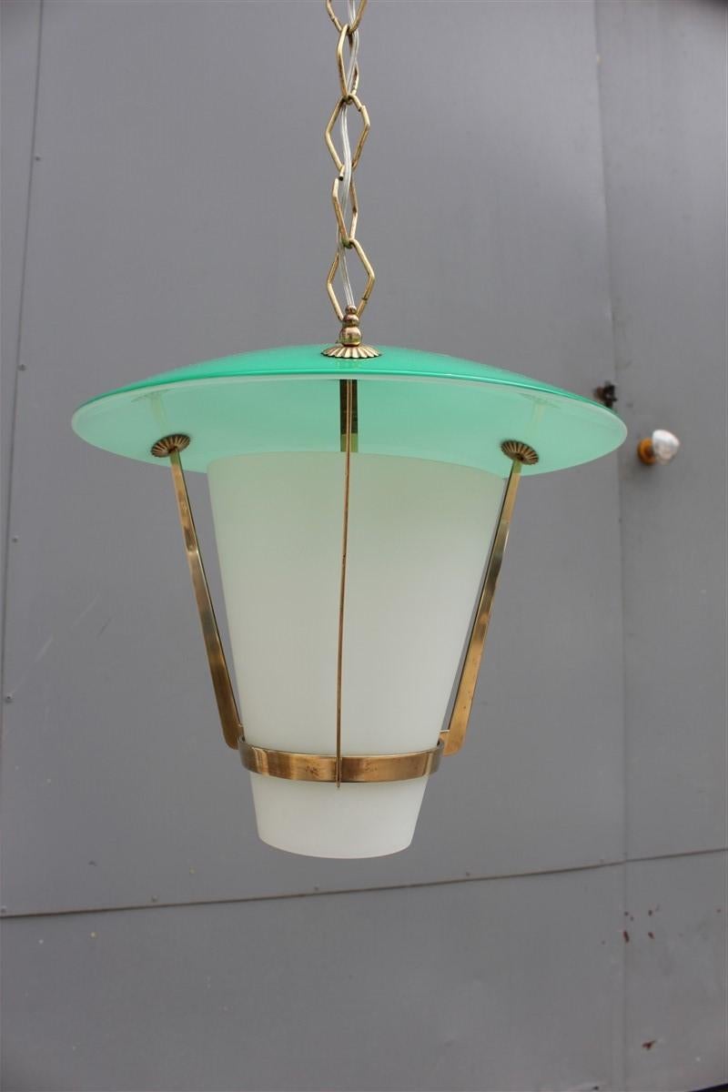 Mid-20th Century Round Midcentury Italian Design Lantern Green Gold Brass Glass White For Sale