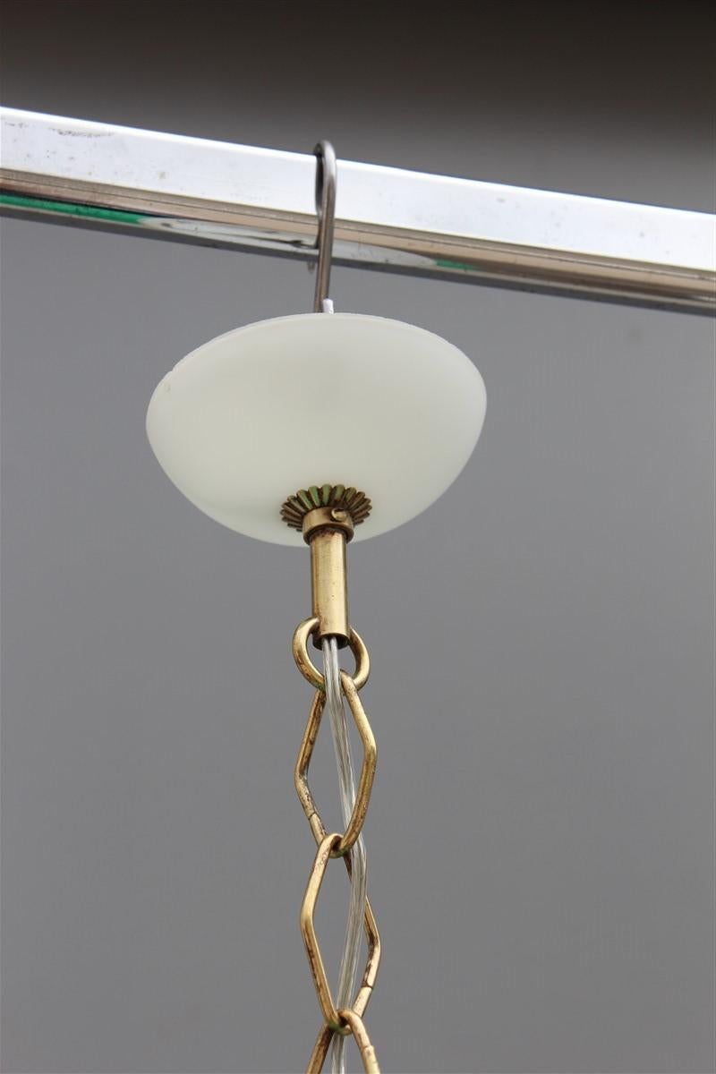 Round Midcentury Italian Design Lantern Green Gold Brass Glass White For Sale 1