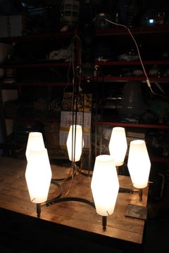 Round Mid-century Italian Stilnovo Style Chandelier Brass Murano Glass 1950