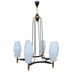 Lampadario rotondo in stile Stilnovo italiano di metà secolo, ottone e vetro di Murano 1950