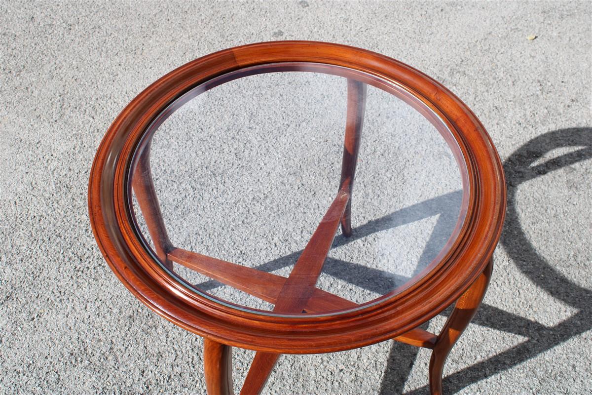 Table ronde italienne midcentury coffee en merisier, plateau en verre, bois courbé.