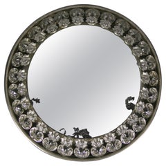 Vintage Round Mid-Century Modern Backlit Metal Wall Mirror with Crystal Glass Flowers