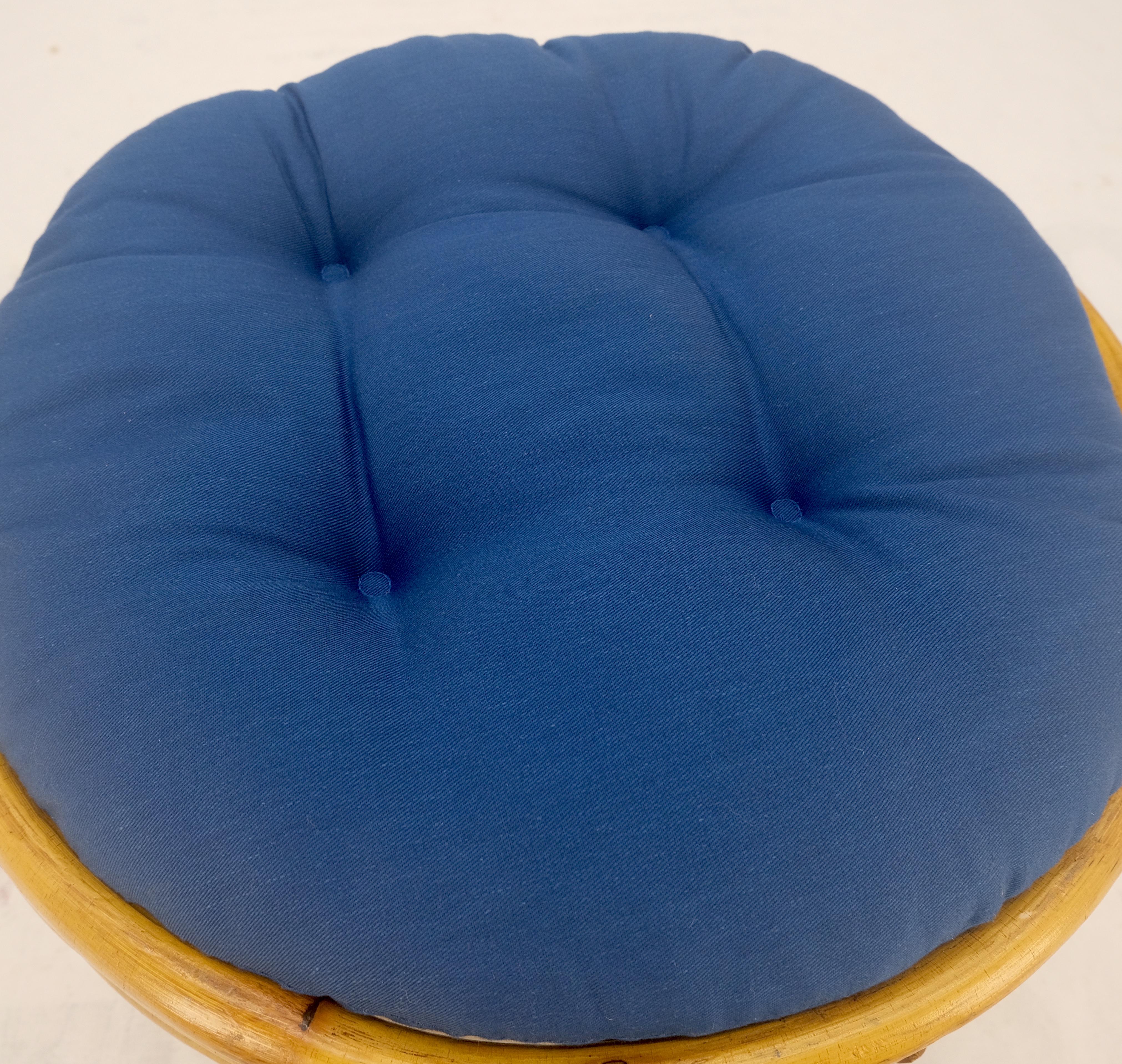 Bamboo Round Mid Century Modern  Blue Upholstery Ottoman Foot Stool Bench Pouf MINT! For Sale